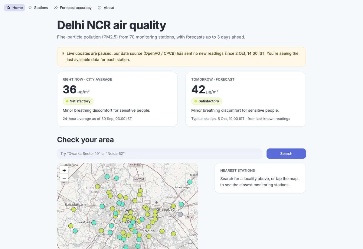 CheckYourAQI: Dashboard: city average now, tomorrow's forecast and every station on a map