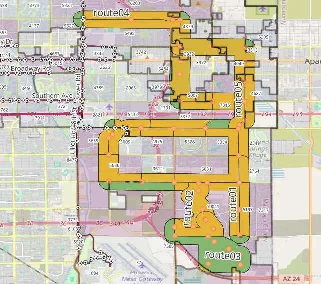 500 m walking buffers around the new routes, intersected with tracts