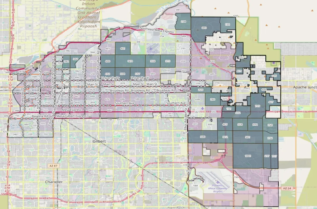 Census tracts with no bus service (dark), over Mesa's existing routes