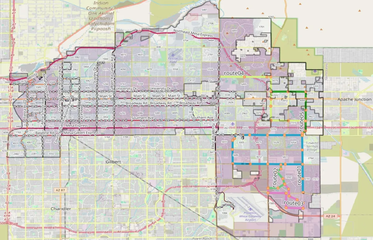 Mesa Transit Expansion & Emissions: Five proposed routes and 45 stops covering the gaps