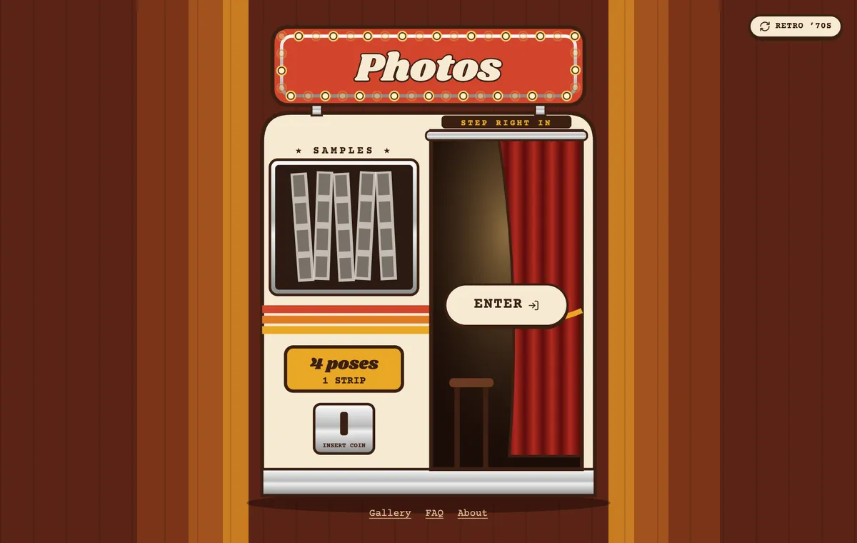 Photobooth: Retro '70s booth: the front of the machine, with sample strips and the curtain